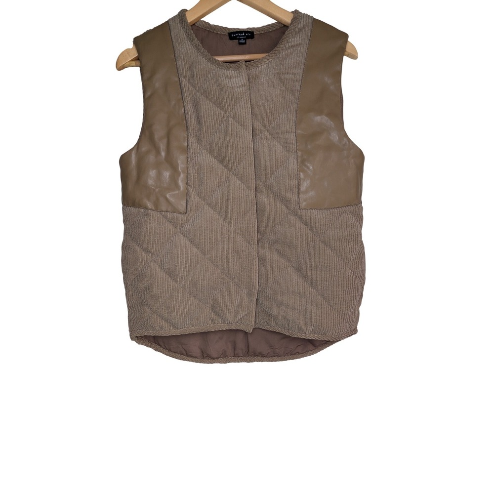 Current‎ Air Quilted Vest Faux Leather Trim Womens S Tan Ribbed Collarless Cabin